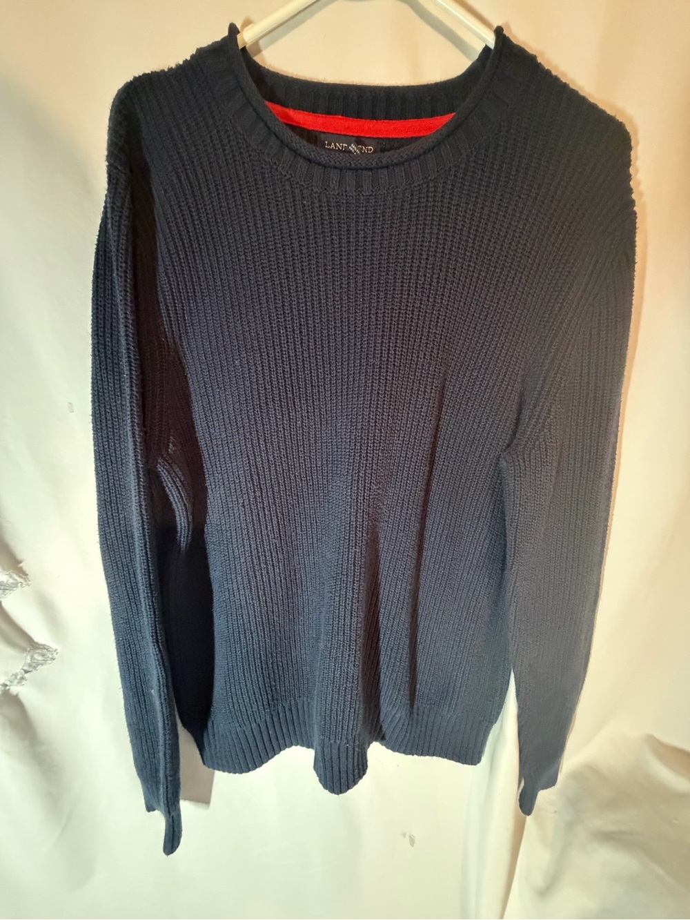 Lands’ End Men’s L 42-44 Navy Blue Crewneck Chunky Knit Cotton Blend Sweater